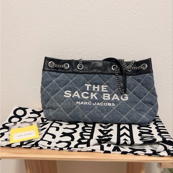 NWT🌟Marc Jacobs The Quilted Denim Chain Sack Bag Small Tote with Dust Bag Gift - Picture 3 of 8